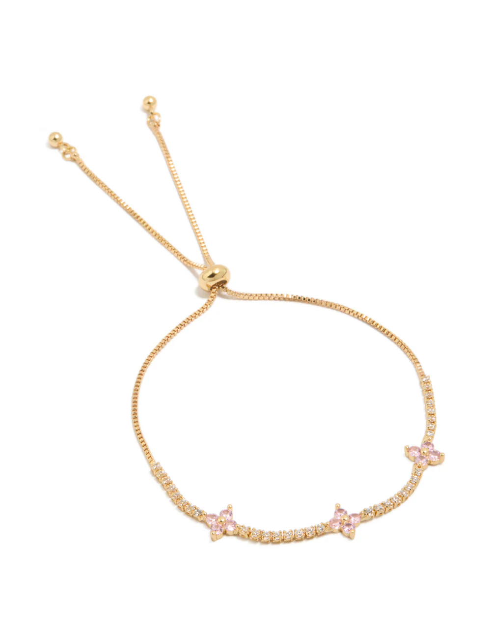 Gold Plated Clear & Pink Cubic Zirconia Flowers Toggle Bracelet