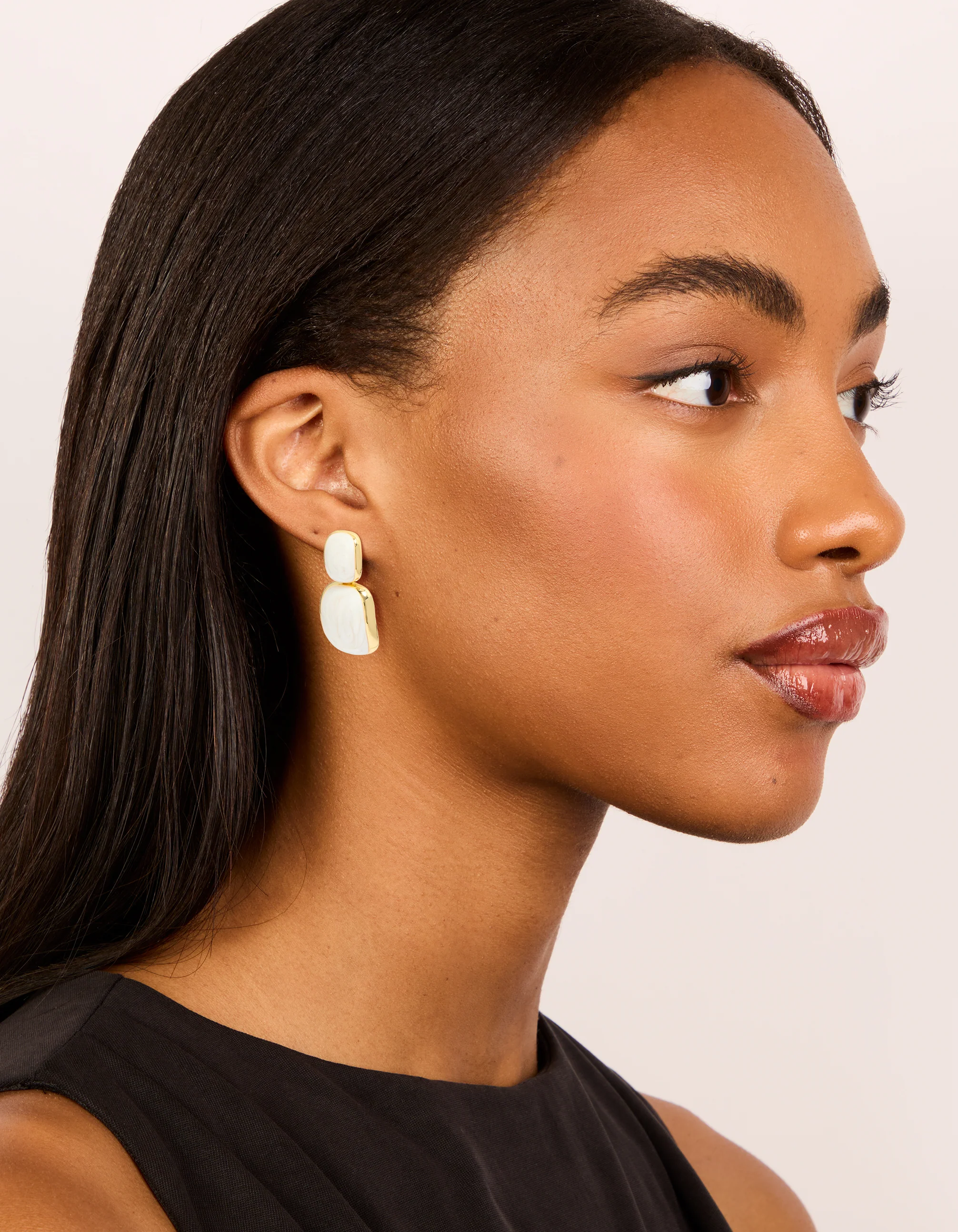 Gold Plated Cream Enamel Statement Drop Earrings - Image 3