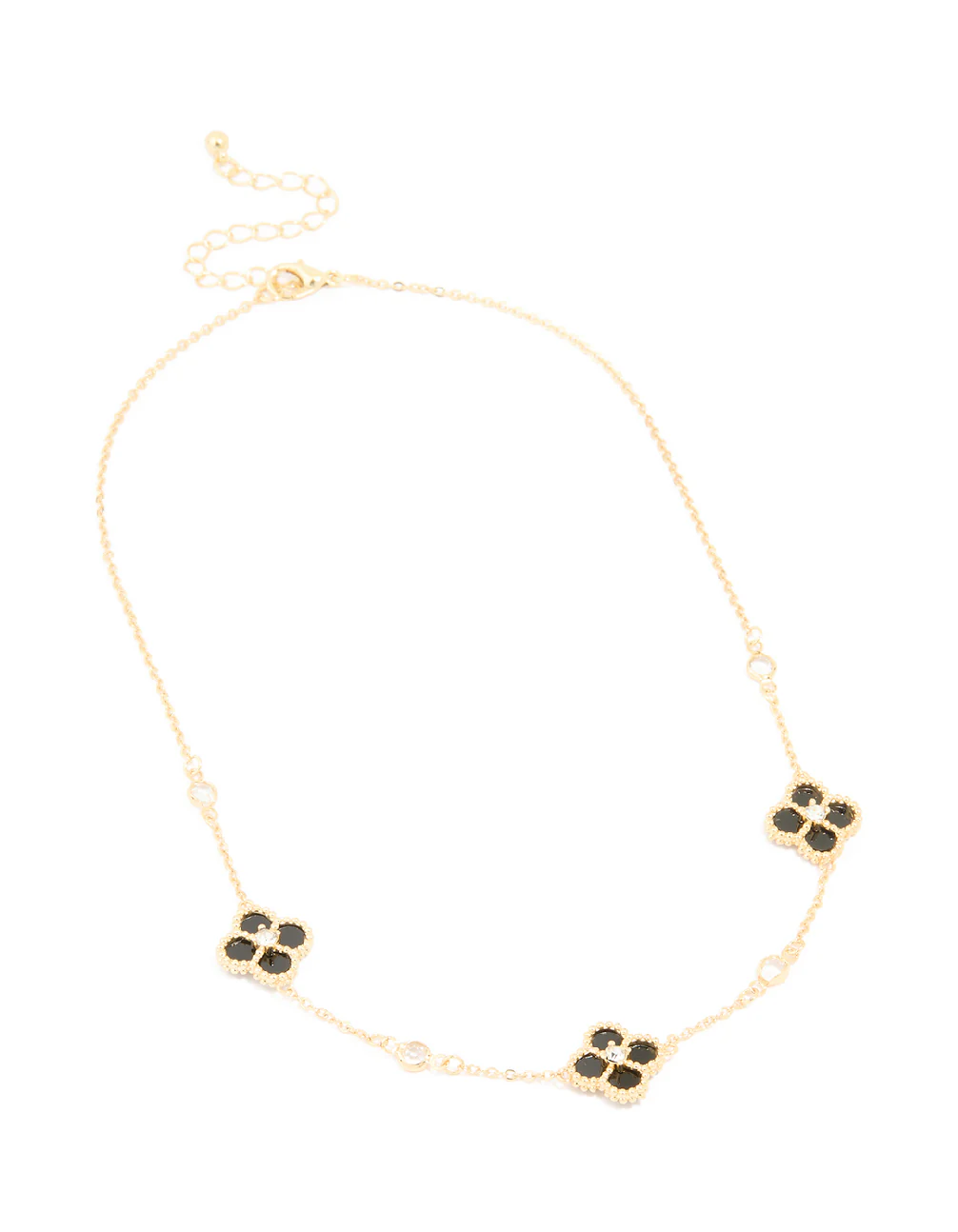 Gold Plated Cubic Zirconia Black Flower Trio Station Necklace - Image 2