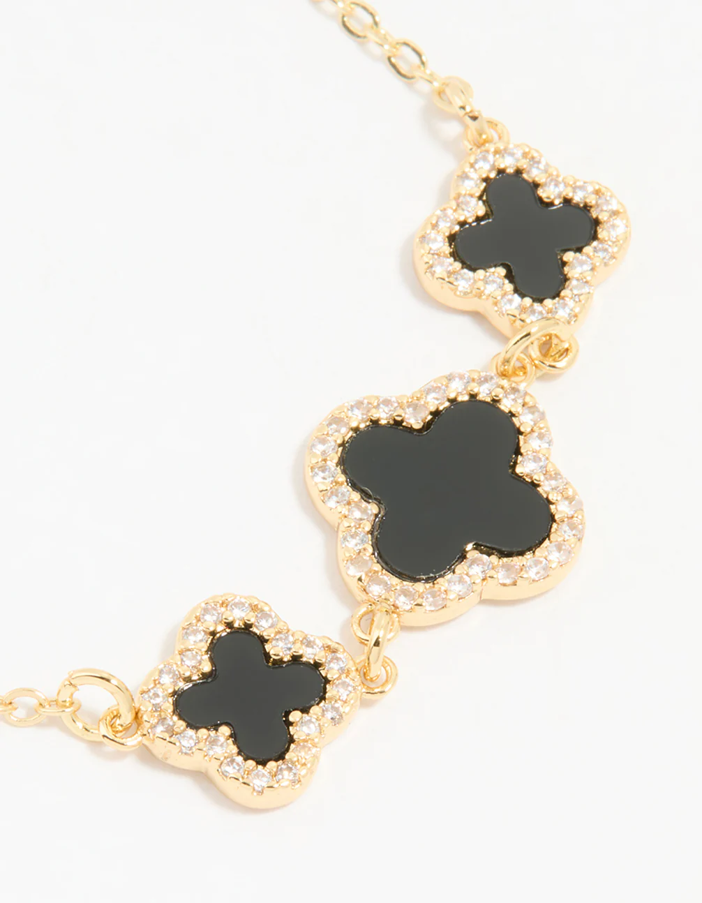 Gold Plated Cubic Zirconia Black Triple Flower Bracelet - Image 2