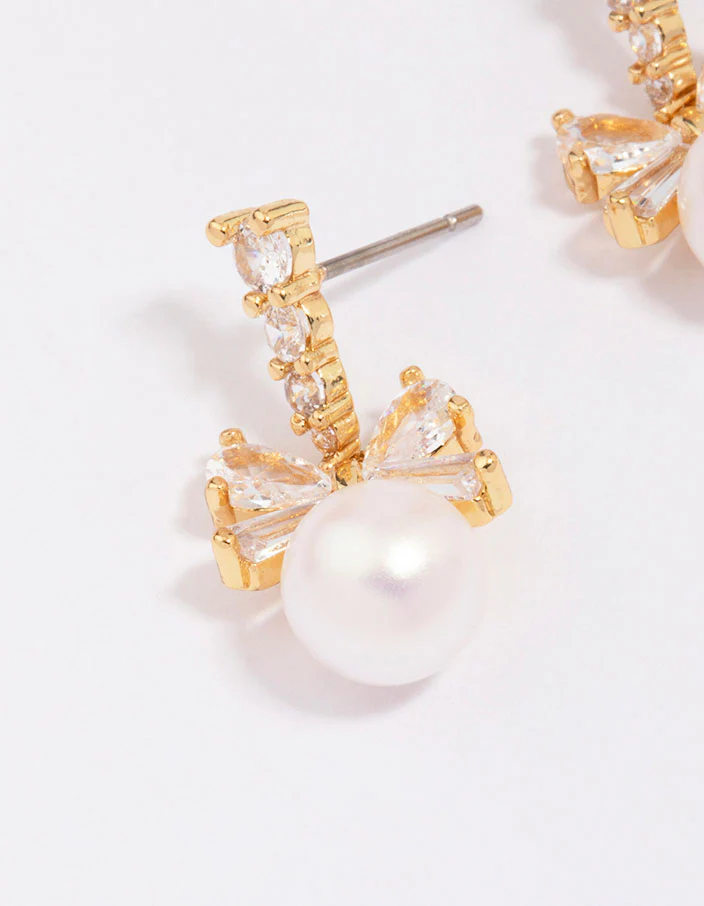 Gold Plated Cubic Zirconia Bow & Pearl Drop Earrings - Image 2