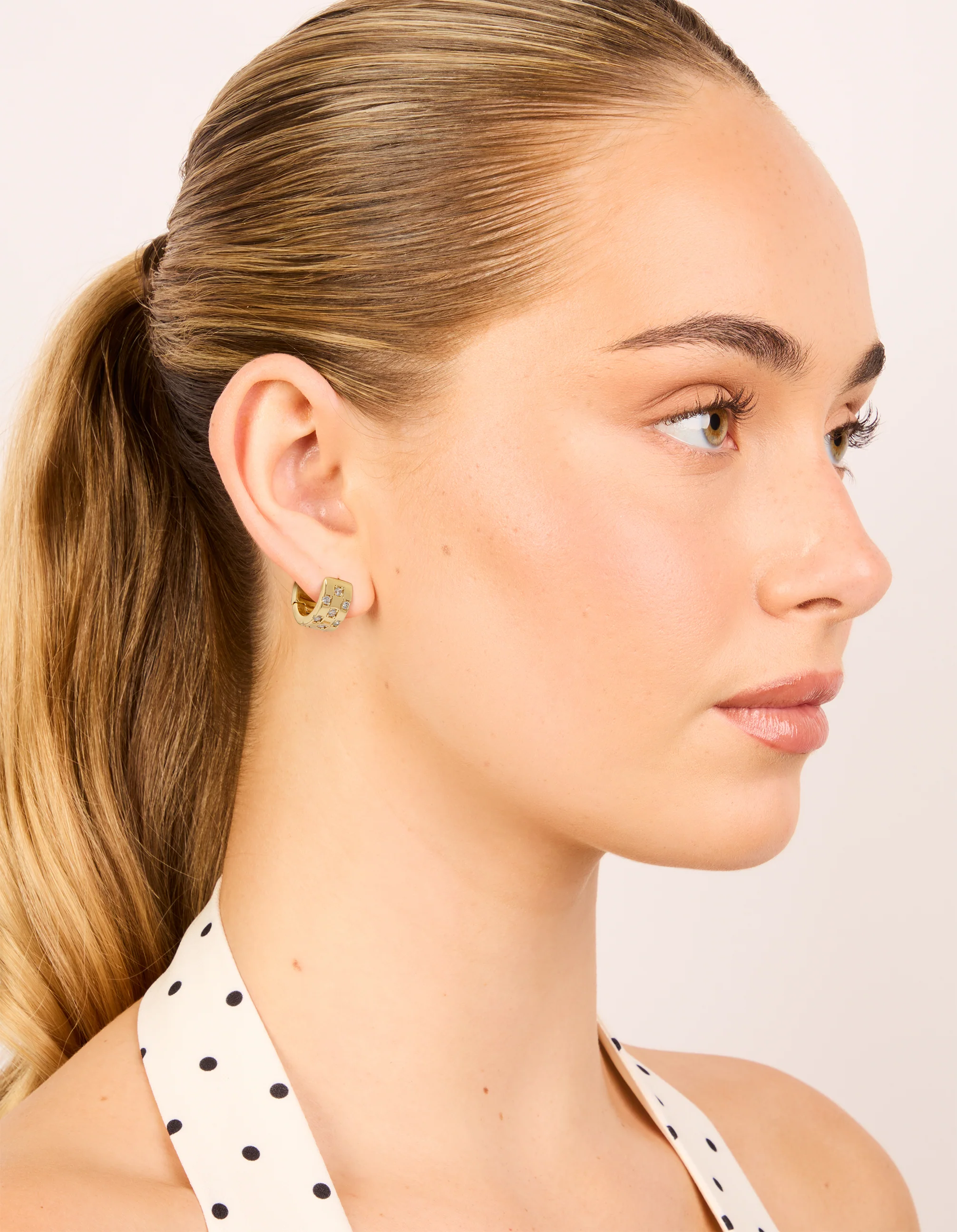 Gold Plated Cubic Zirconia Checkered Mini Hoop Earrings - Image 3