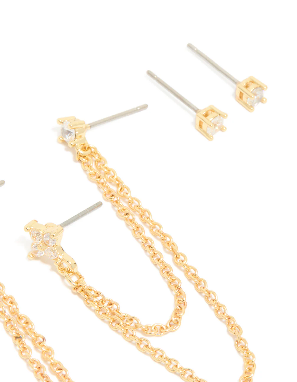Gold Plated Cubic Zirconia Double Chain & Stud Stacker Earrings 3-Pack - Image 3