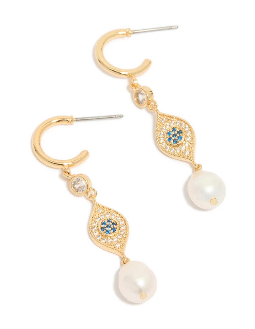 Gold Plated Cubic Zirconia Evil Eye Pearl Drop Earrings - Image 2