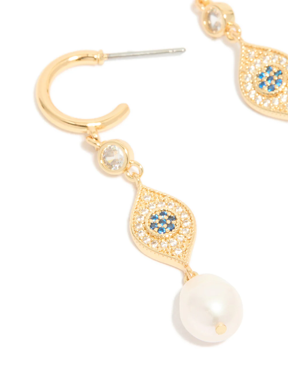Gold Plated Cubic Zirconia Evil Eye Pearl Drop Earrings - Image 4