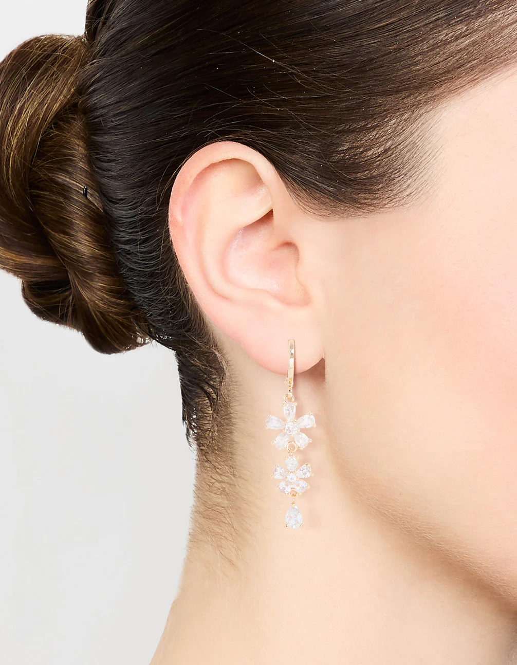 Gold Plated Cubic Zirconia Flower Drop Earrings - Image 2