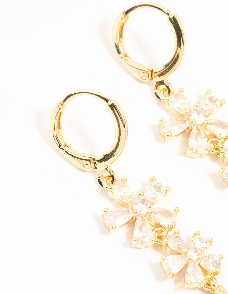 Gold Plated Cubic Zirconia Flower Drop Earrings - Image 4