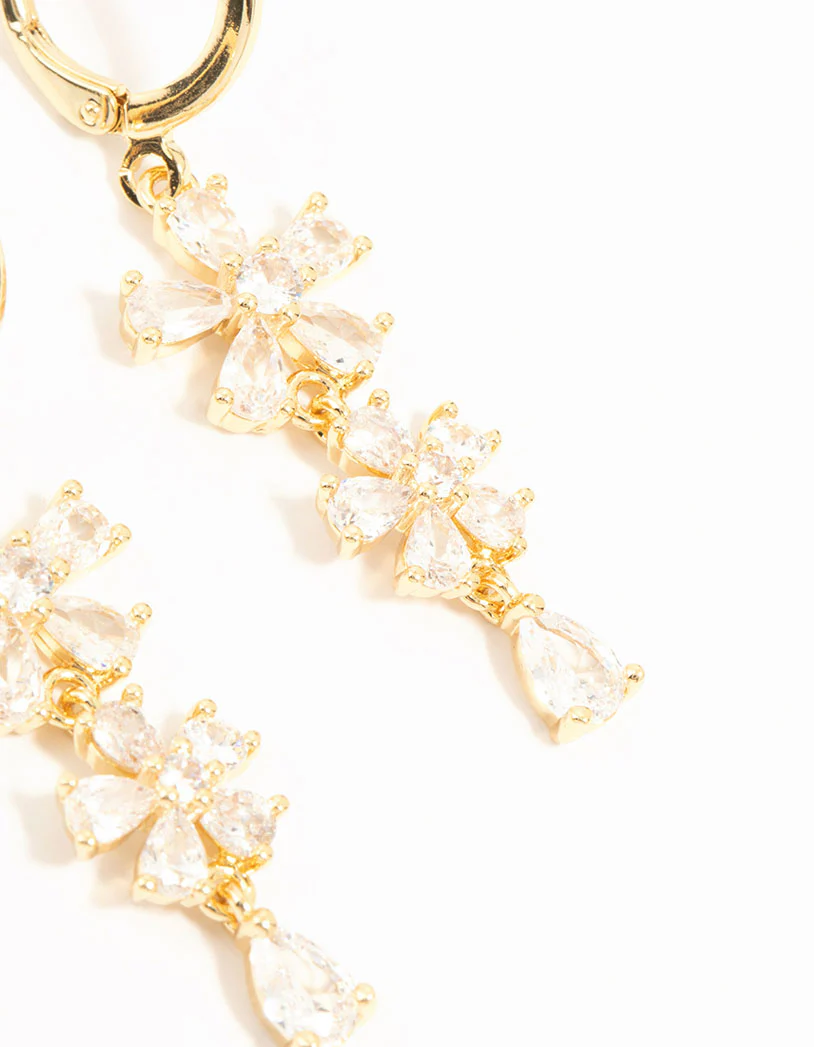 Gold Plated Cubic Zirconia Flower Drop Earrings - Image 5