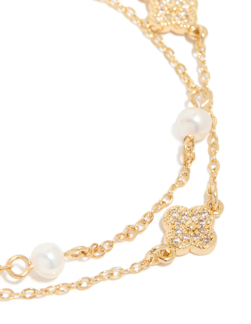 Gold Plated Cubic Zirconia Flower & Freshwater Pearl Layered Bracelet - Image 4