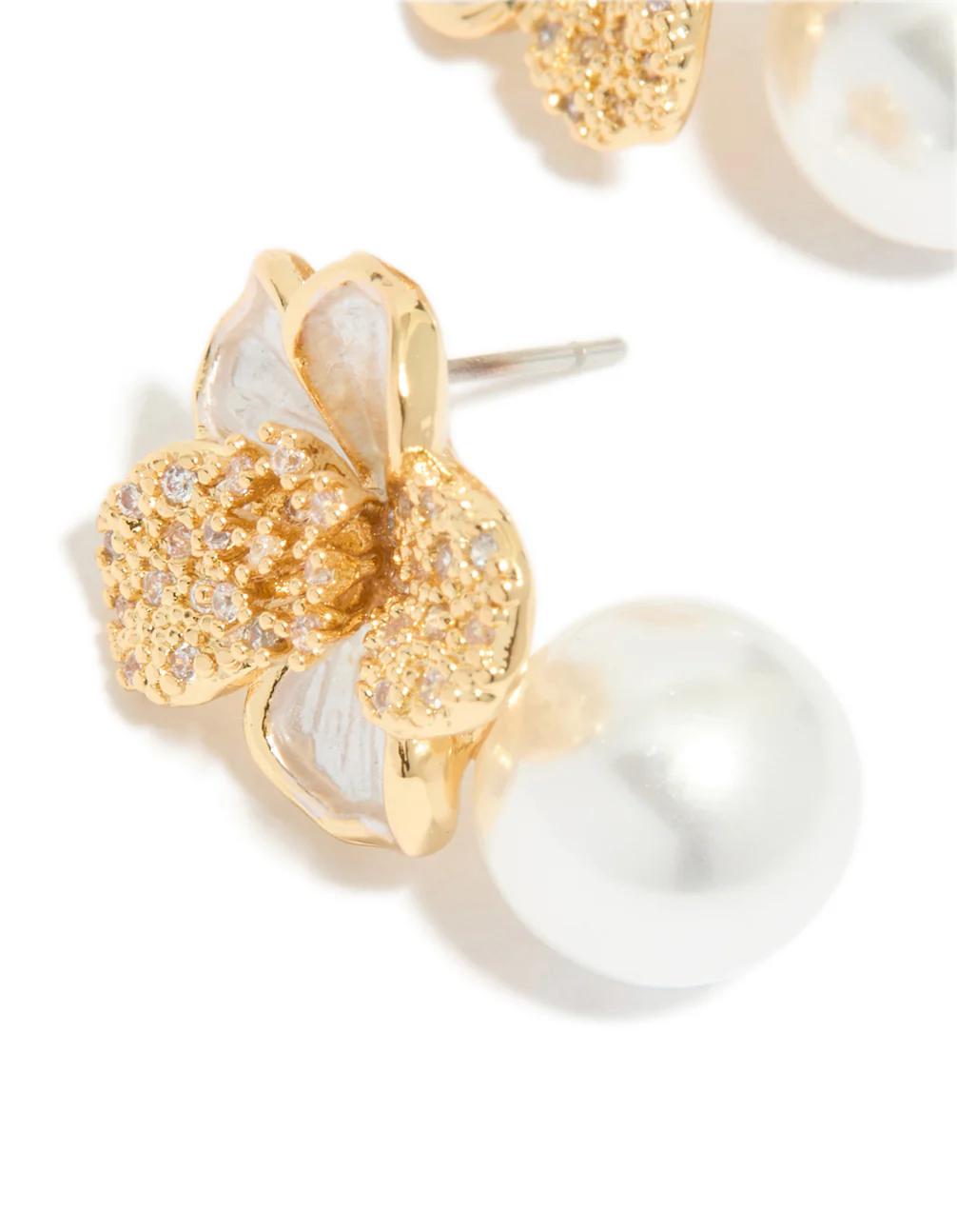 Gold Plated Cubic Zirconia Flower & Pearl Drop Earrings - Image 4