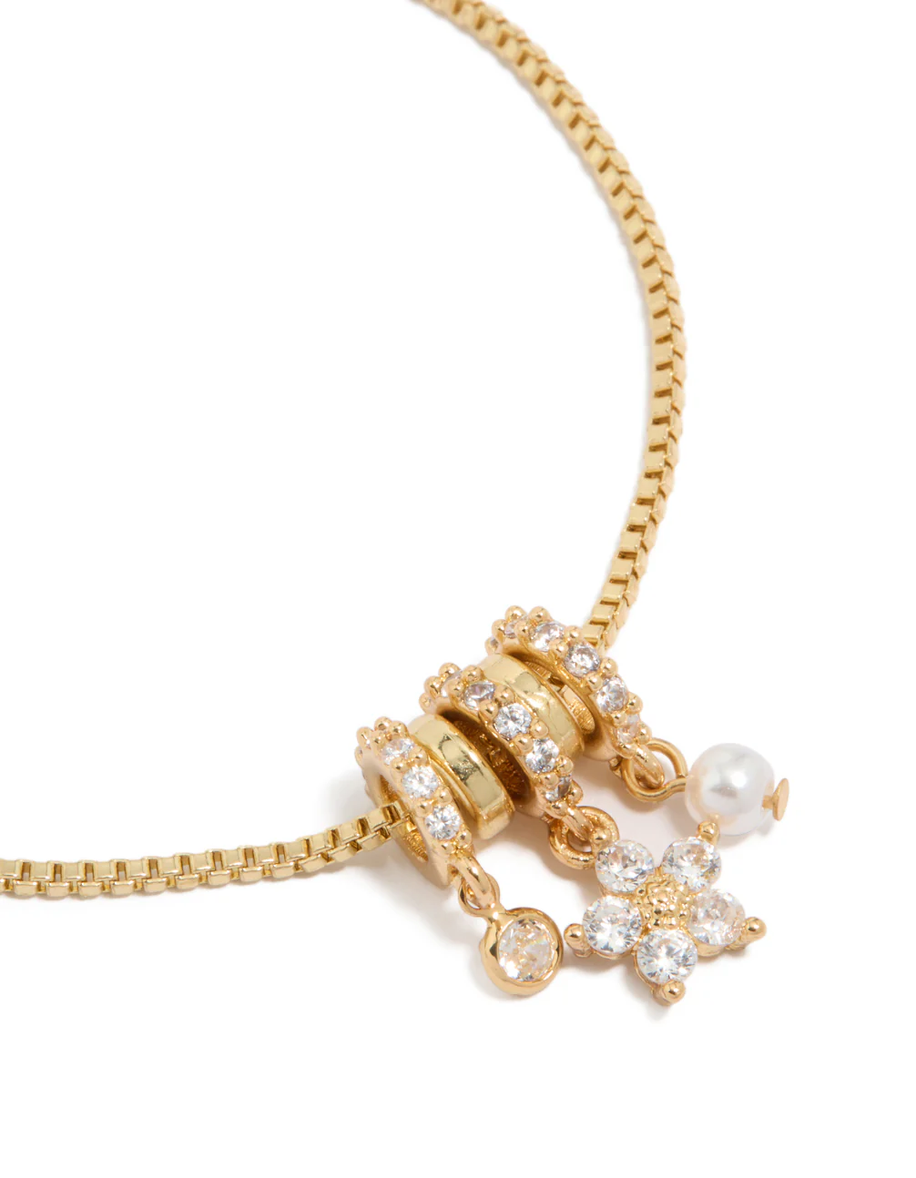 Gold Plated Cubic Zirconia Flower & Pearl Rondell Charms Toggle Bracelet - Image 2