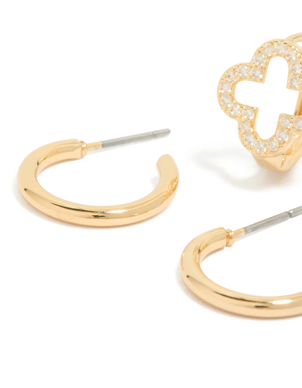 Gold Plated Cubic Zirconia Flower & Plain Huggie Earrings 2-Pack - Image 4