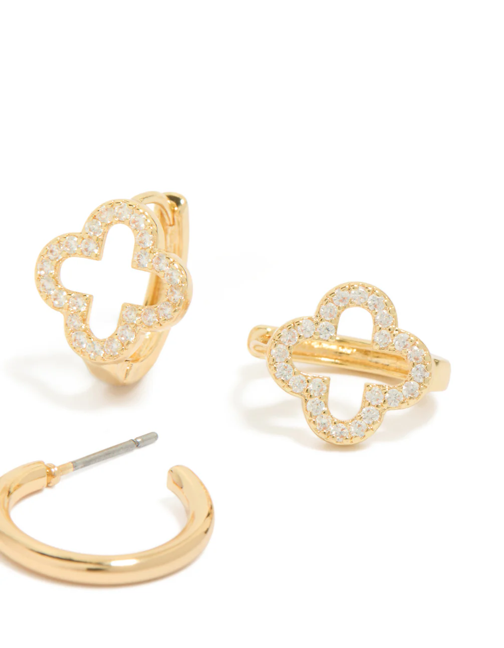 Gold Plated Cubic Zirconia Flower & Plain Huggie Earrings 2-Pack - Image 5