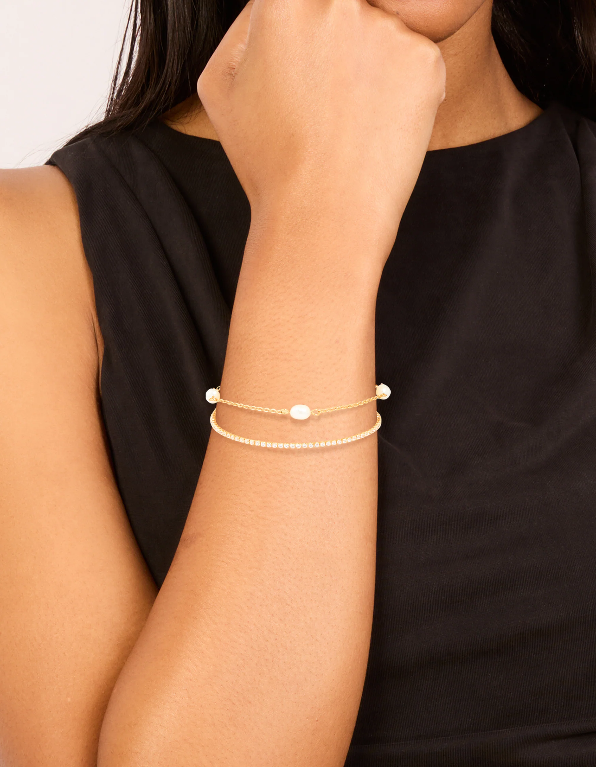 Gold Plated Cubic Zirconia & Freshwater Pearl Tennis Layered Bracelet - Image 2