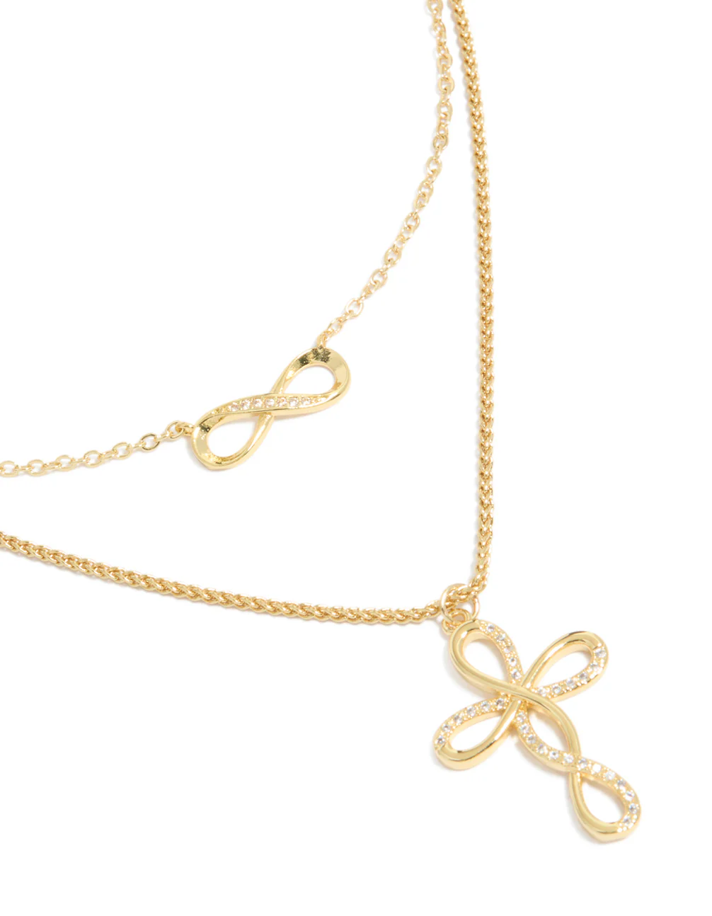Gold Plated Cubic Zirconia Infinity & Cross Layered Necklace