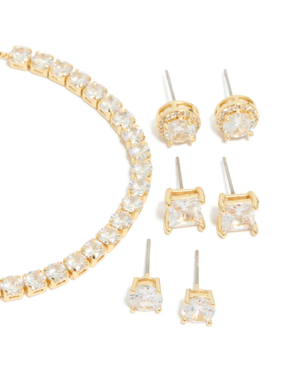 Gold Plated Cubic Zirconia Mixed Stud Earrings & Bracelet Set - Image 2