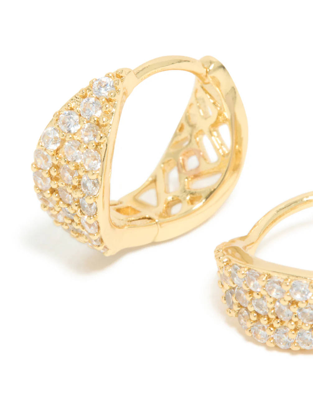 Gold Plated Cubic Zirconia Organic Flat Huggie Earrings - Image 4
