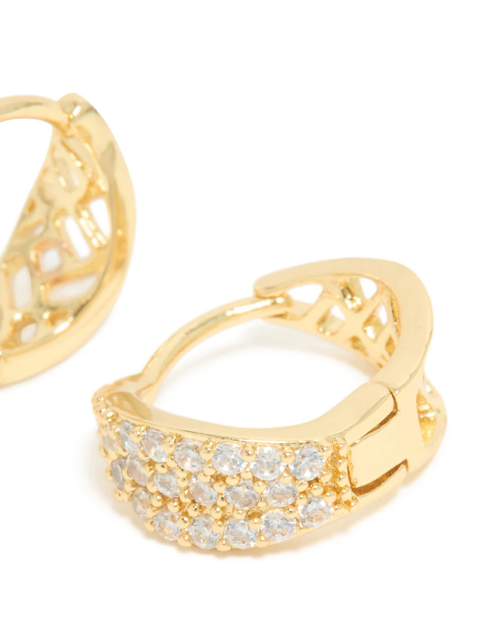 Gold Plated Cubic Zirconia Organic Flat Huggie Earrings - Image 5