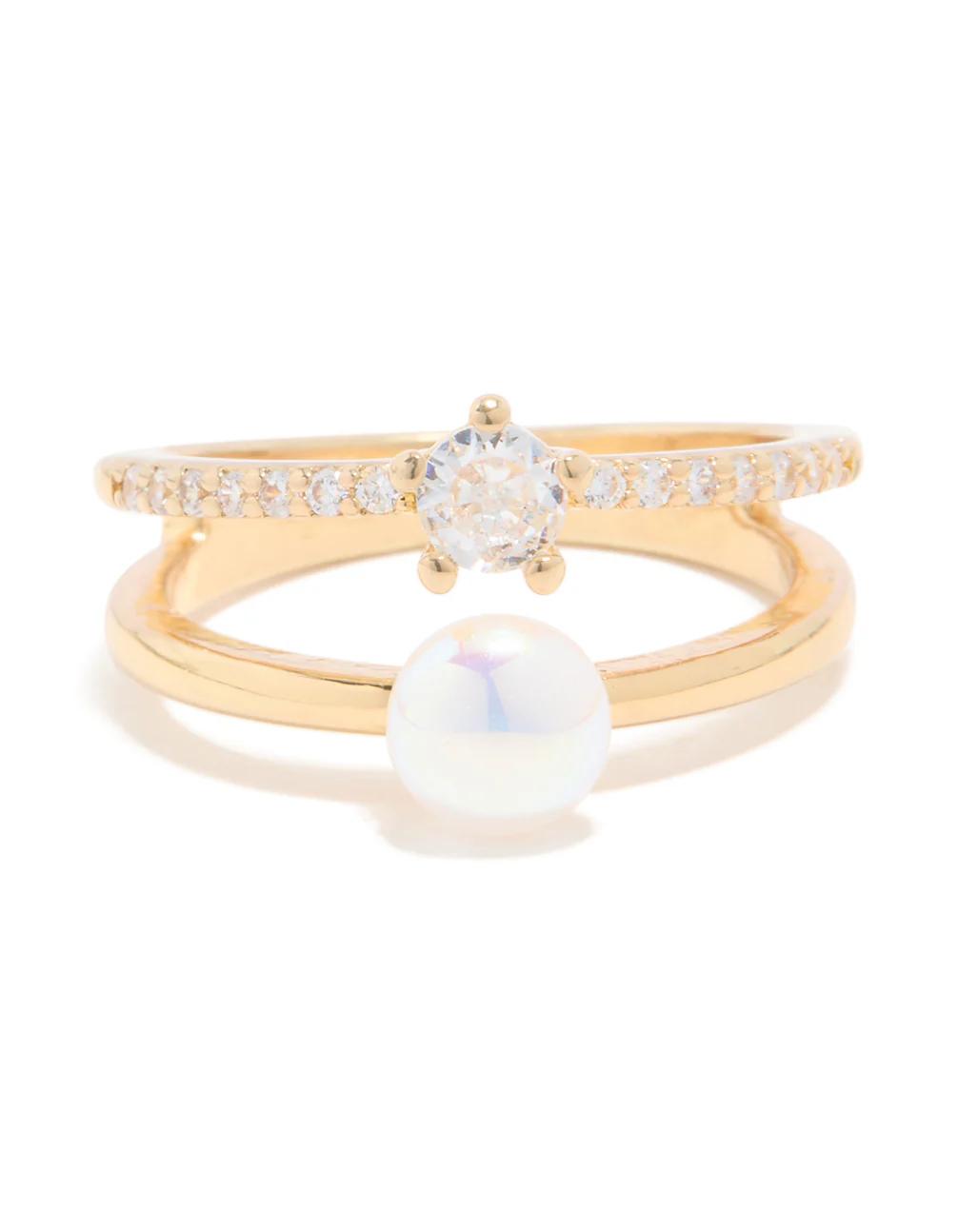 Gold Plated Cubic Zirconia & Pearl Open Stacked Ring - Image 3