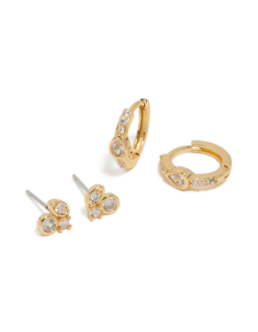 Gold Plated Cubic Zirconia Trio Stud & Huggie Earrings 2-Pack - Image 2