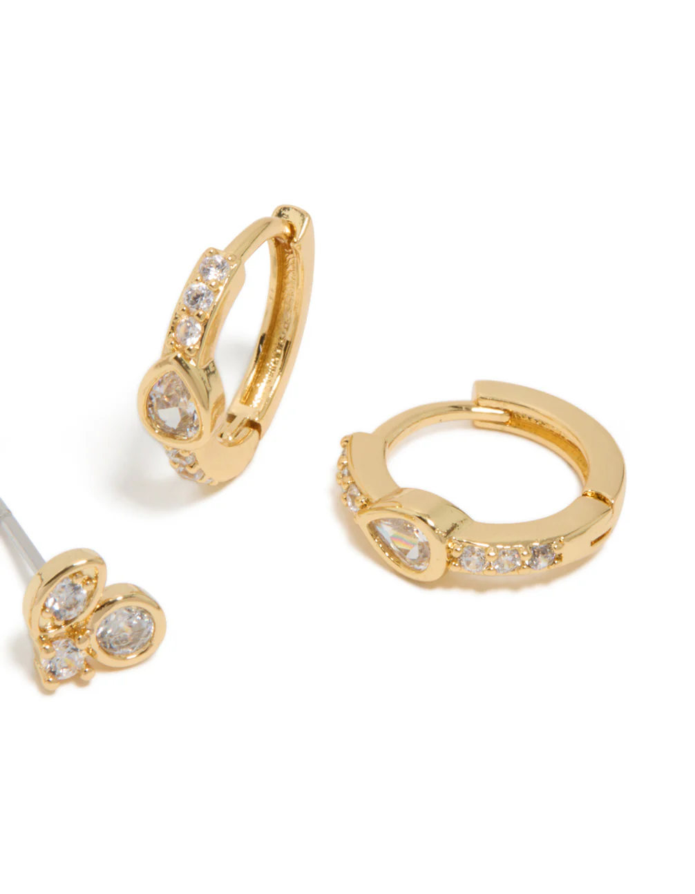 Gold Plated Cubic Zirconia Trio Stud & Huggie Earrings 2-Pack - Image 5