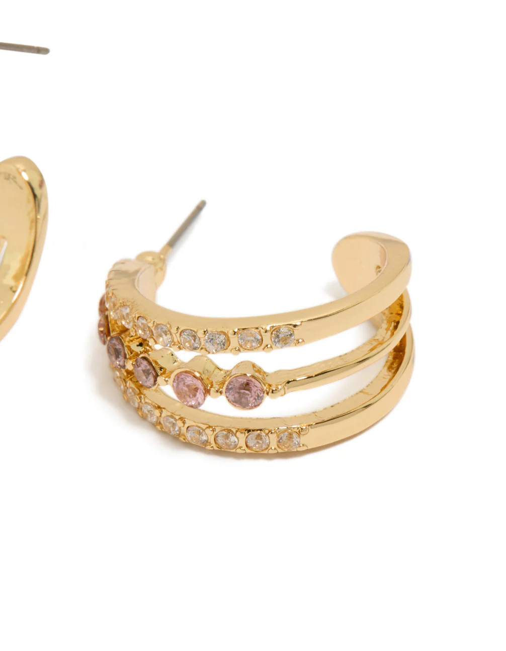 Gold Plated Cubic Zirconia Triple Hoop Medium Earrings - Image 3