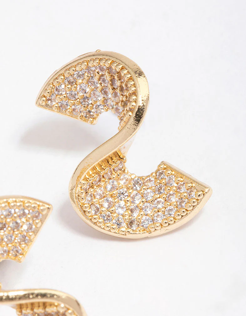 Gold Plated Cubic Zirconia Twisted Stud Earrings - Image 3