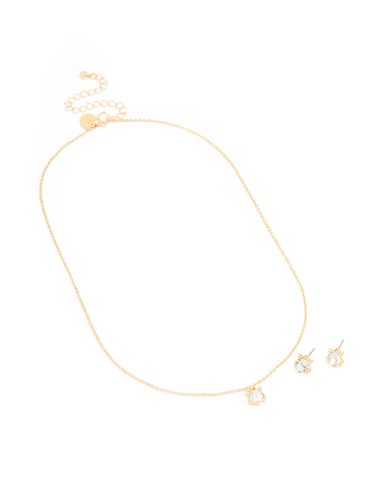 Gold Plated Diamante Cat Ears Necklace & Cat Ear Stud Earrings Set - Image 2