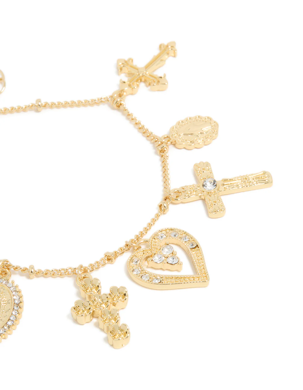 Gold Plated Diamante Large Cross & Heart Charms Bracelet - Image 4
