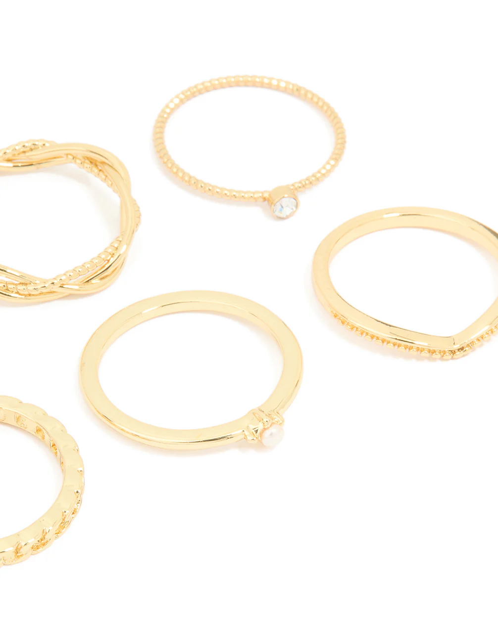 Gold Plated Diamante Twisted V Rings 6-Pack - Image 3