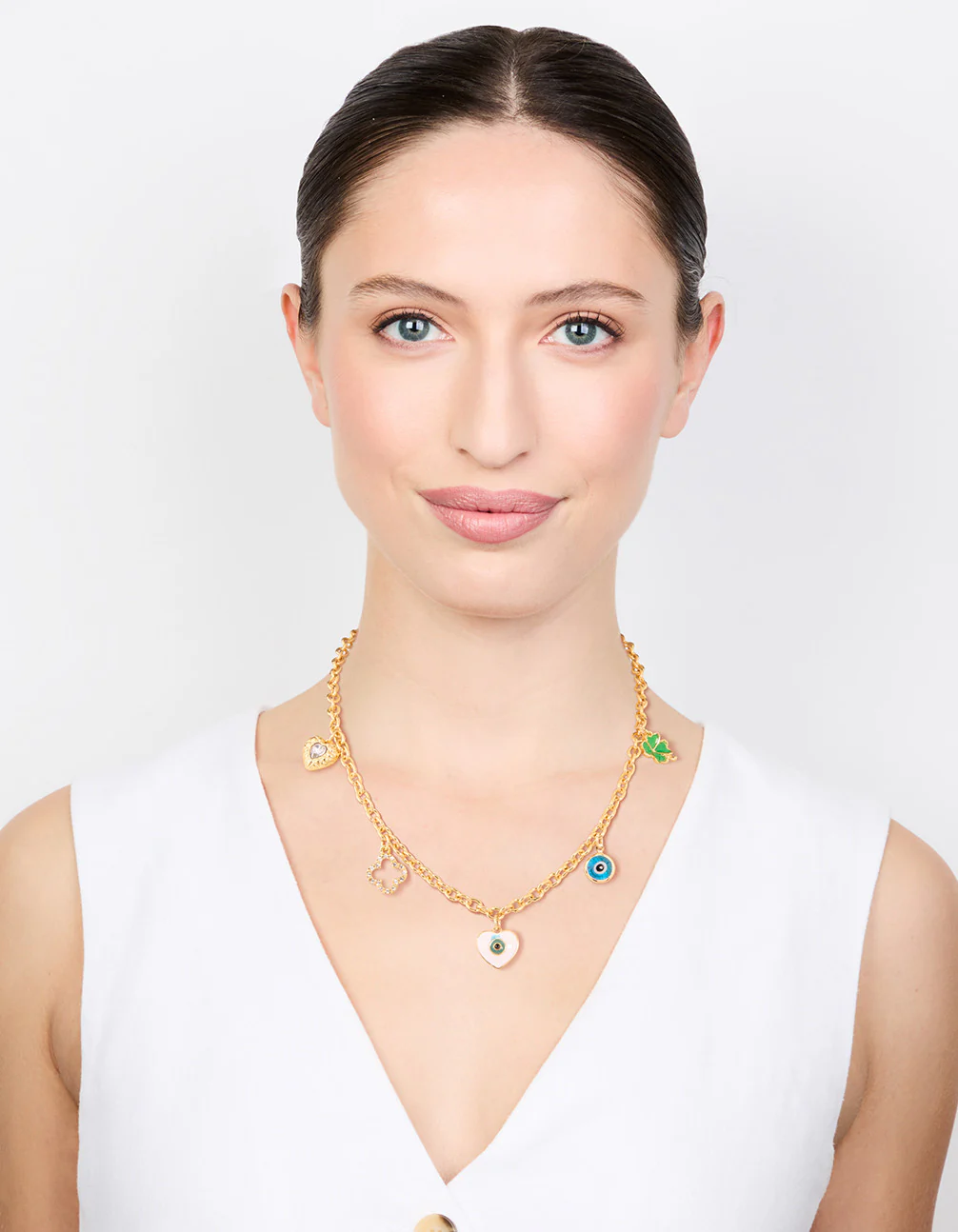 Gold Plated Evil Eye & Clover Charm Necklace - Image 3