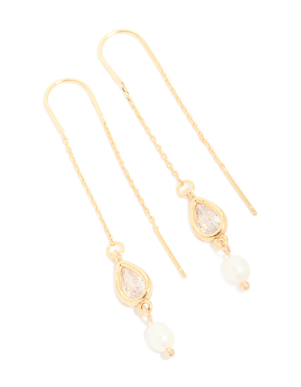 Gold Plated Freshwater Pearl & Cubic Zirconia Threader Drop Earrings - Image 2