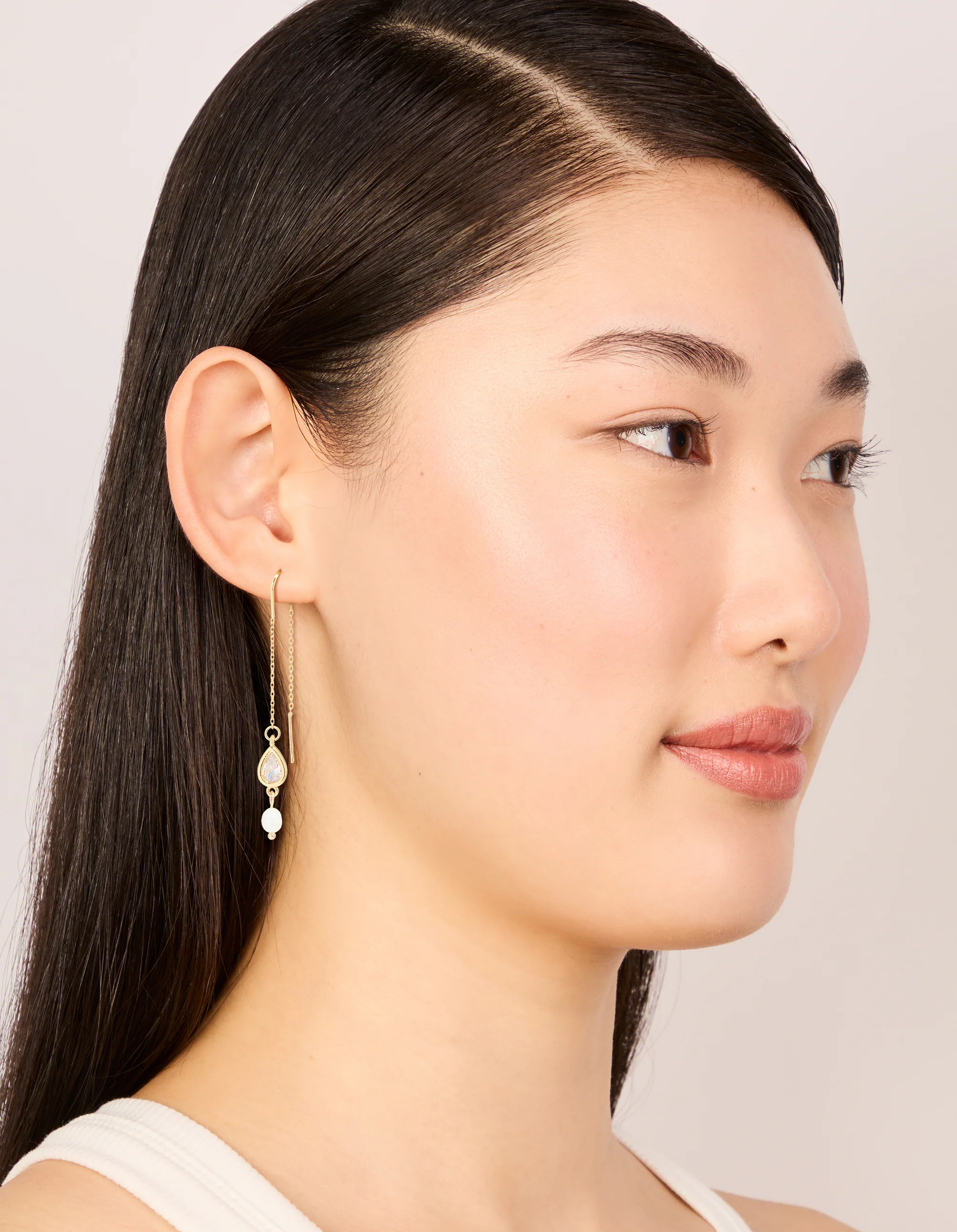 Gold Plated Freshwater Pearl & Cubic Zirconia Threader Drop Earrings - Image 3