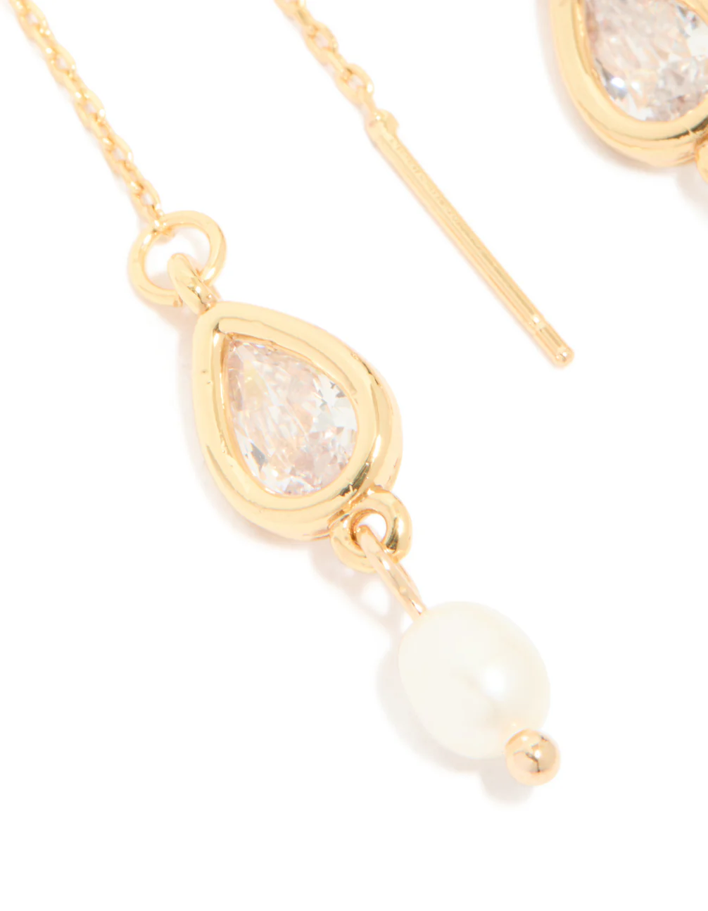 Gold Plated Freshwater Pearl & Cubic Zirconia Threader Drop Earrings - Image 4