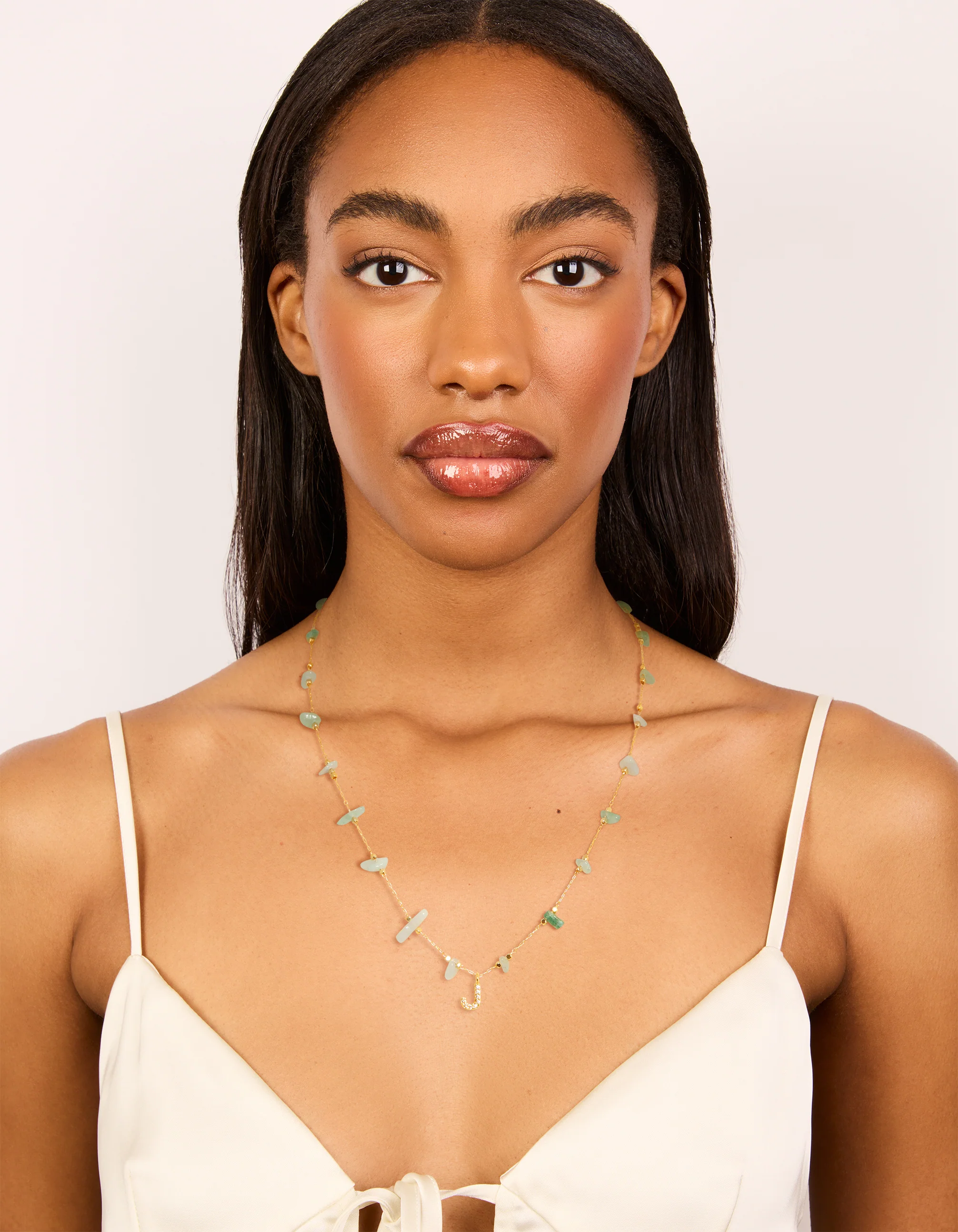 Gold Plated Green Aventurine Semi Precious Stone Cubic Zirconia Letter J Necklace - Image 3