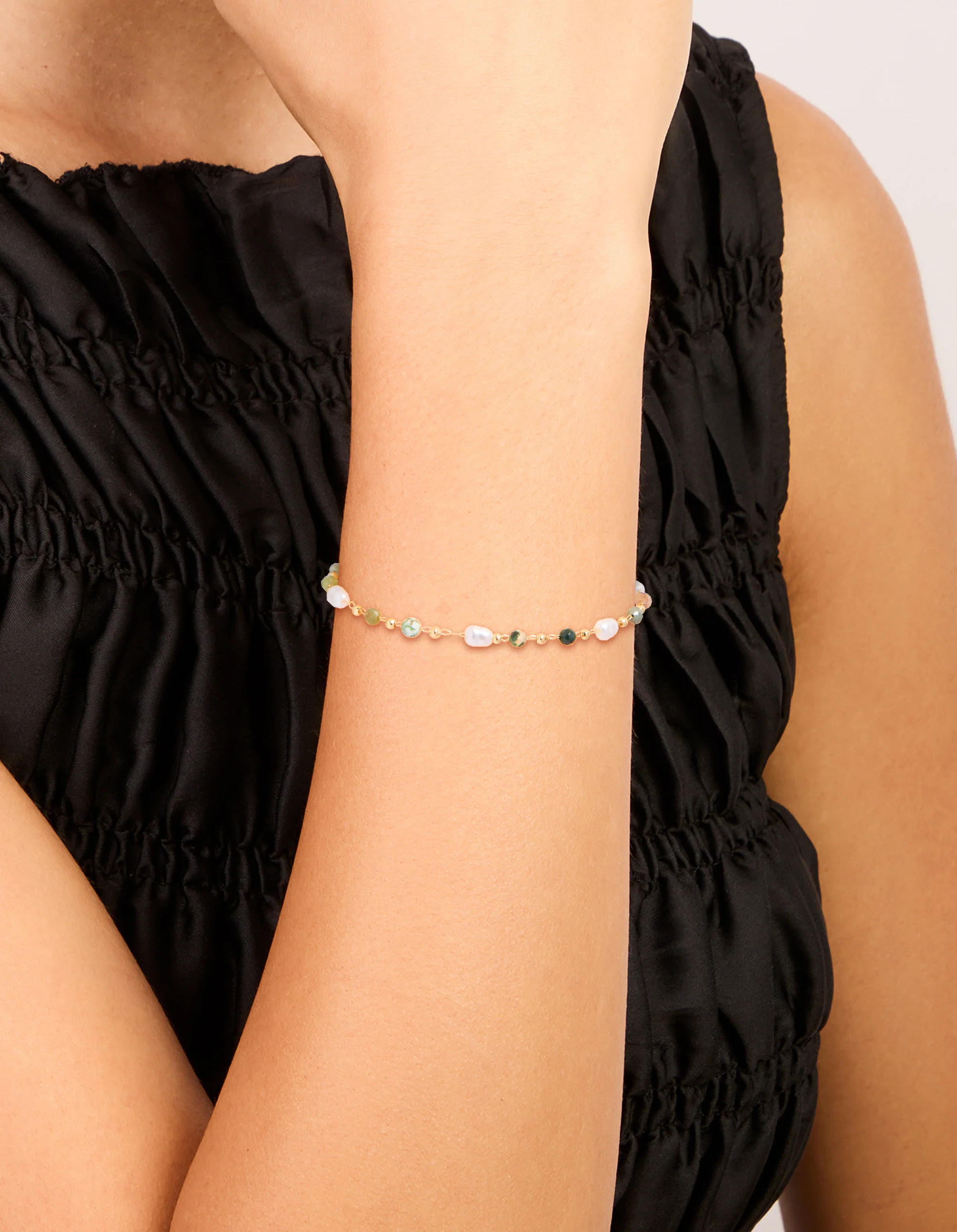 Gold Plated Green Semi Precious & Pearls Bracelet
