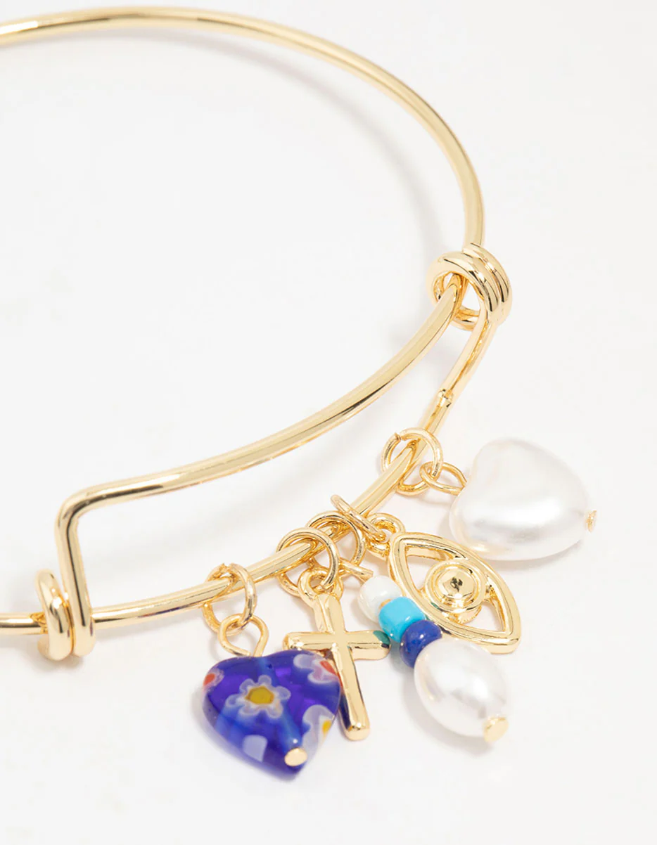 Gold Plated Heart & Pearl Charm Bangle - Image 2