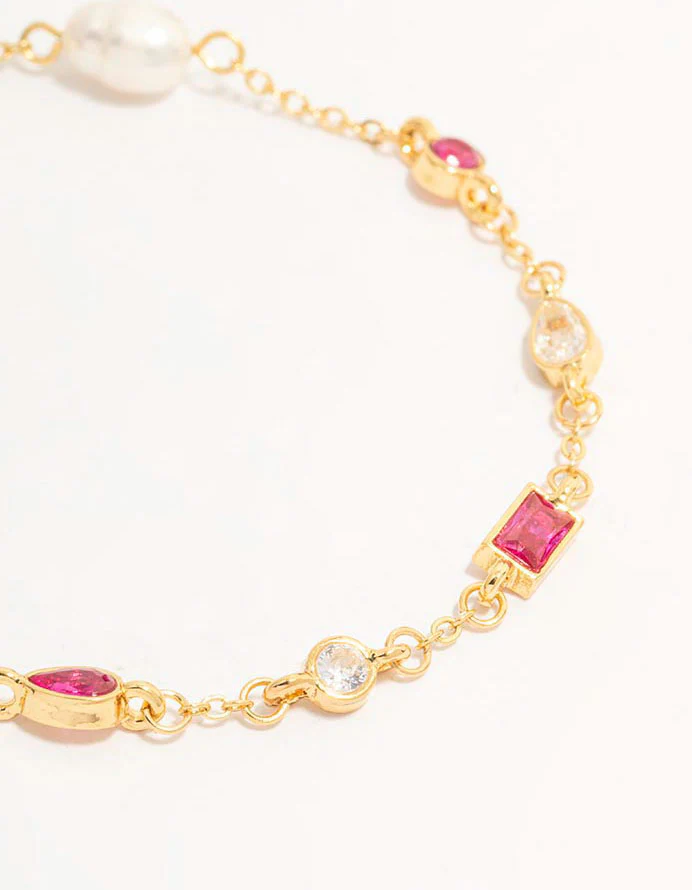 Gold Plated Pearl & Crystal Station Bracelet - Image 2