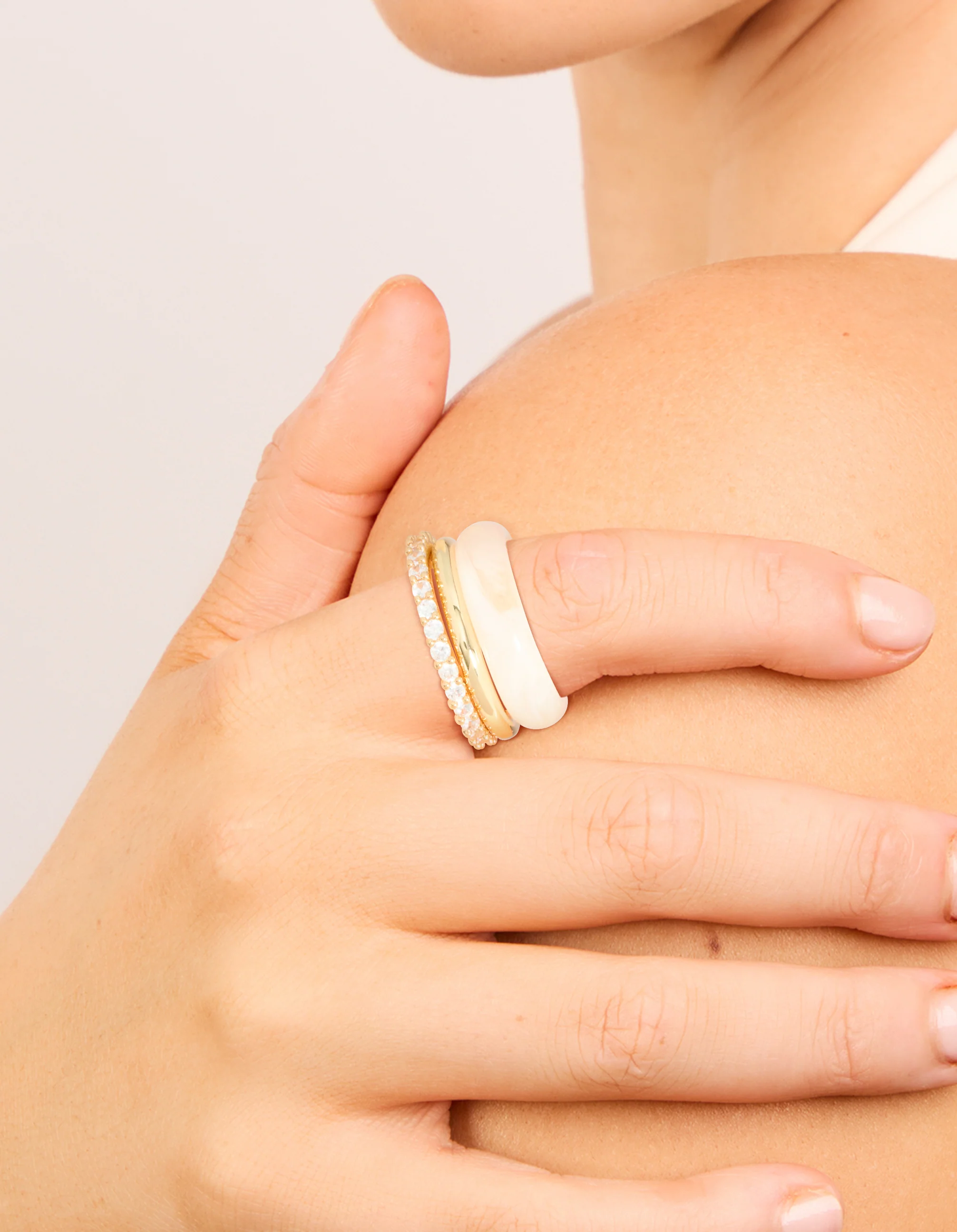 Gold Plated Pink Acrylic & Cubic Zirconia Rings 3-Pack - Image 2