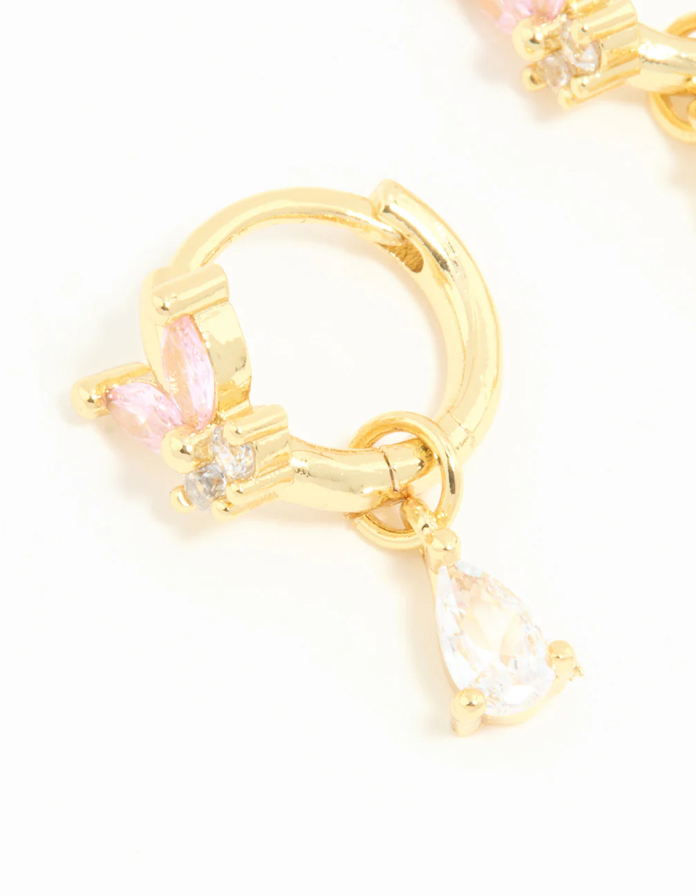 Gold Plated Pink Cubic Zirconia Butterfly Drop Huggie Earrings - Image 4