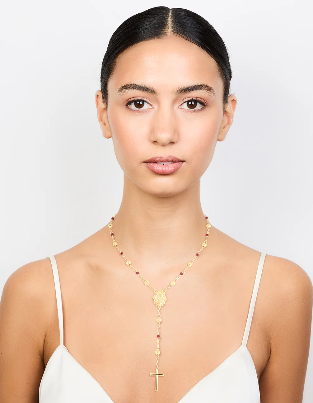 Gold Plated Rose Beaded Locket Cross Y-Necklace - Image 3