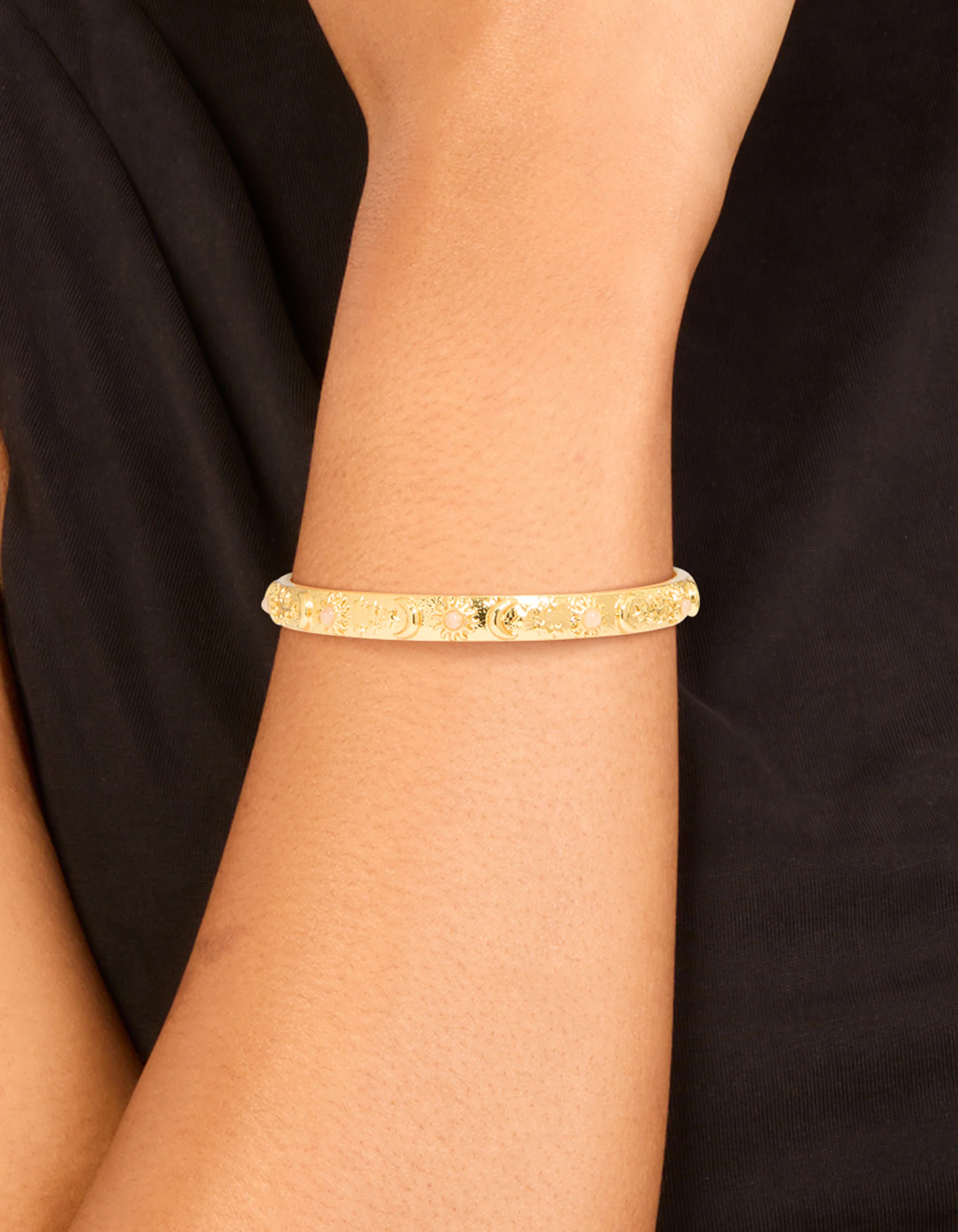 Gold Plated Rose Quartz Celestial Open Wrist Cuff - Image 2