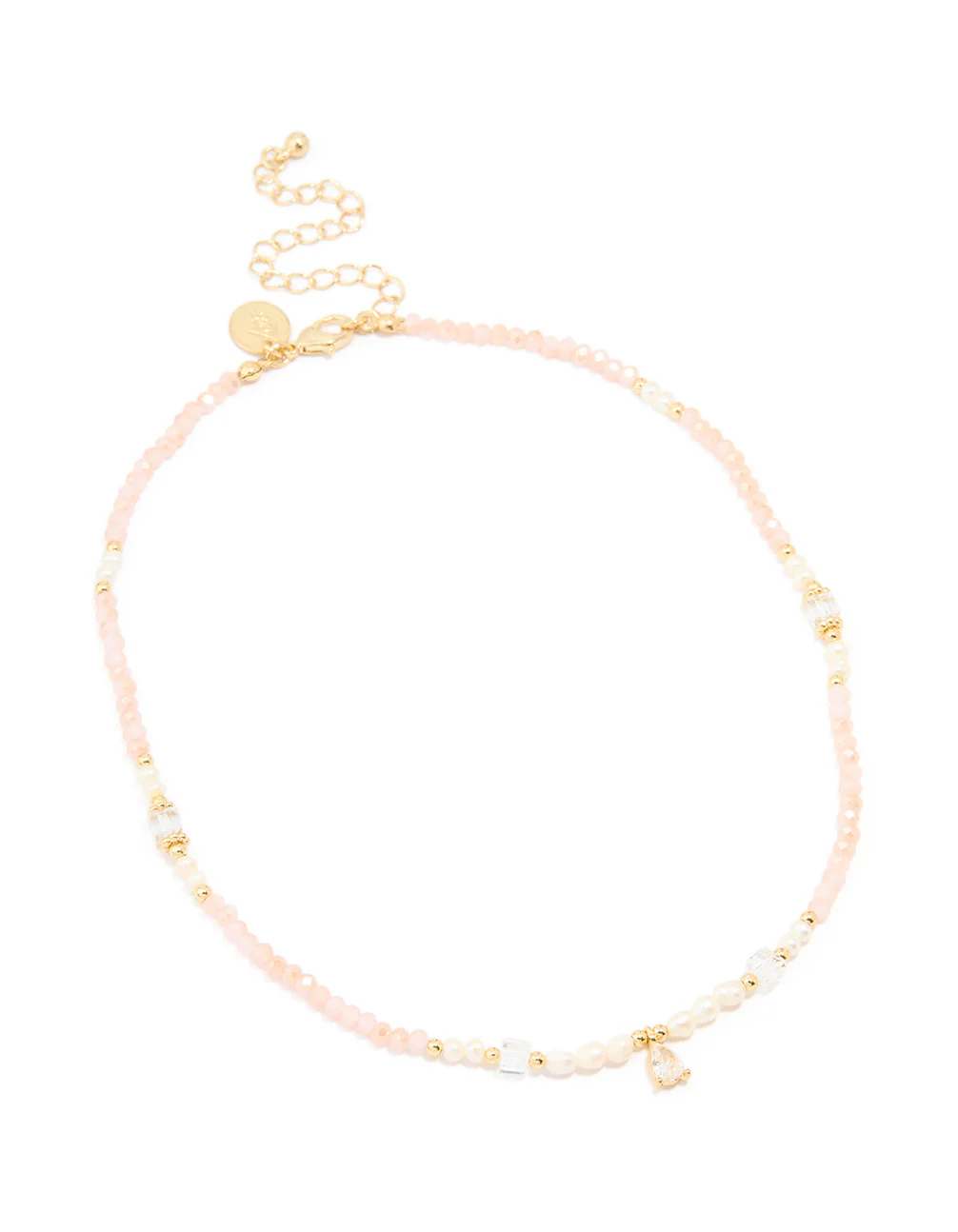 Gold Plated Rose Quartz Freshwater Pearl Cubic Zirconia Beaded Necklace - Image 2