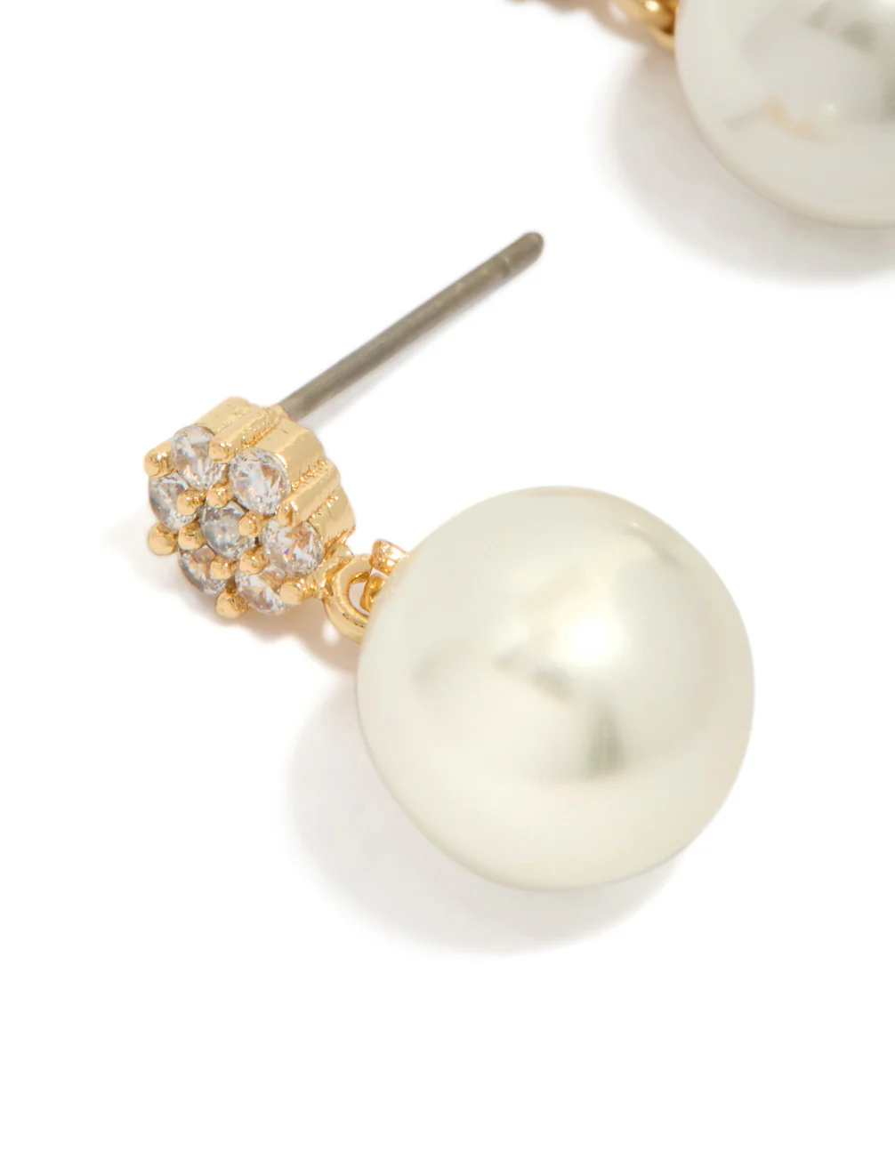 Gold Plated Small Round Cubic Zirconia & Pearl Drop Earrings - Image 4