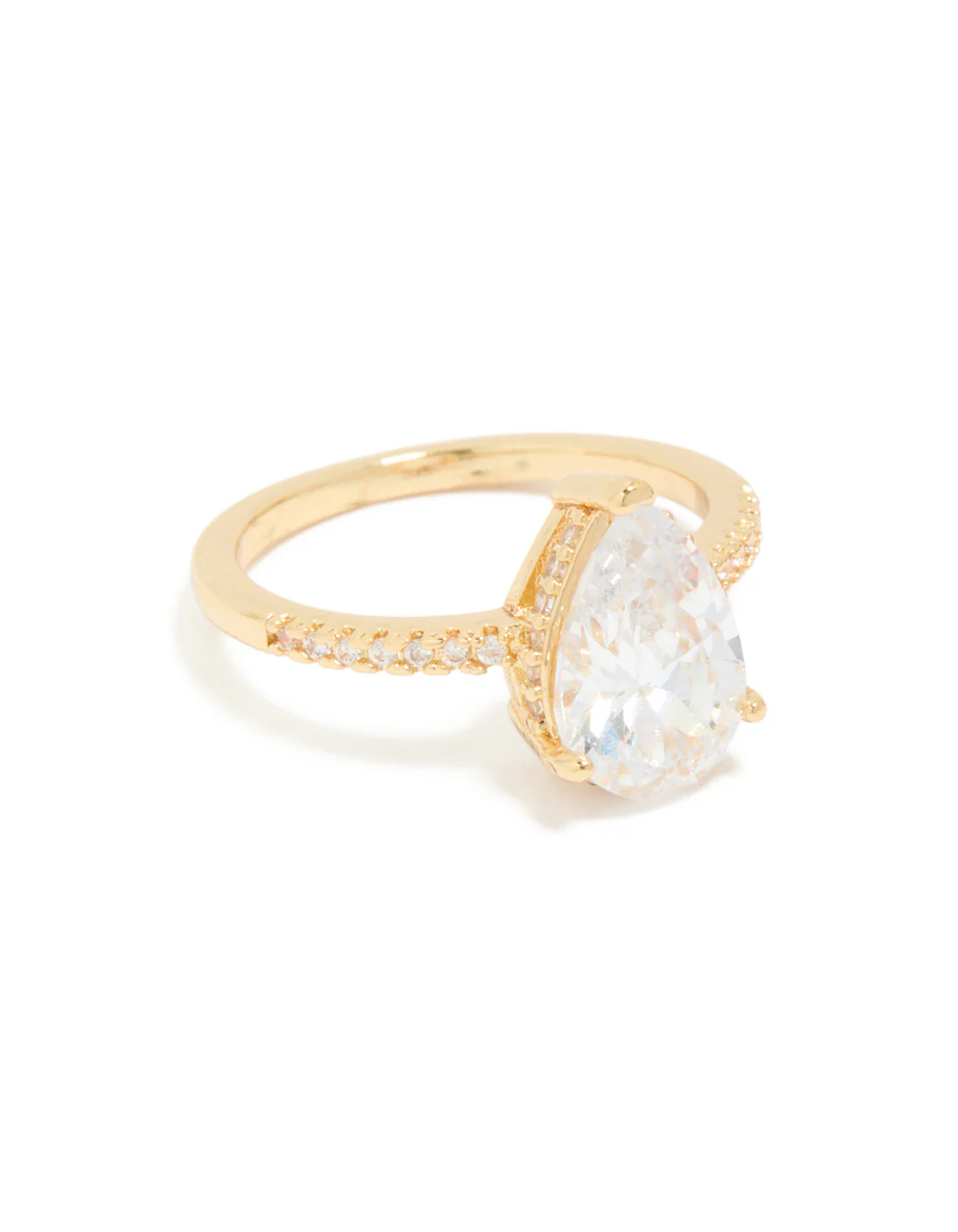 Gold Plated Solitaire Pear Cubic Zirconia Textured Ring - Image 2