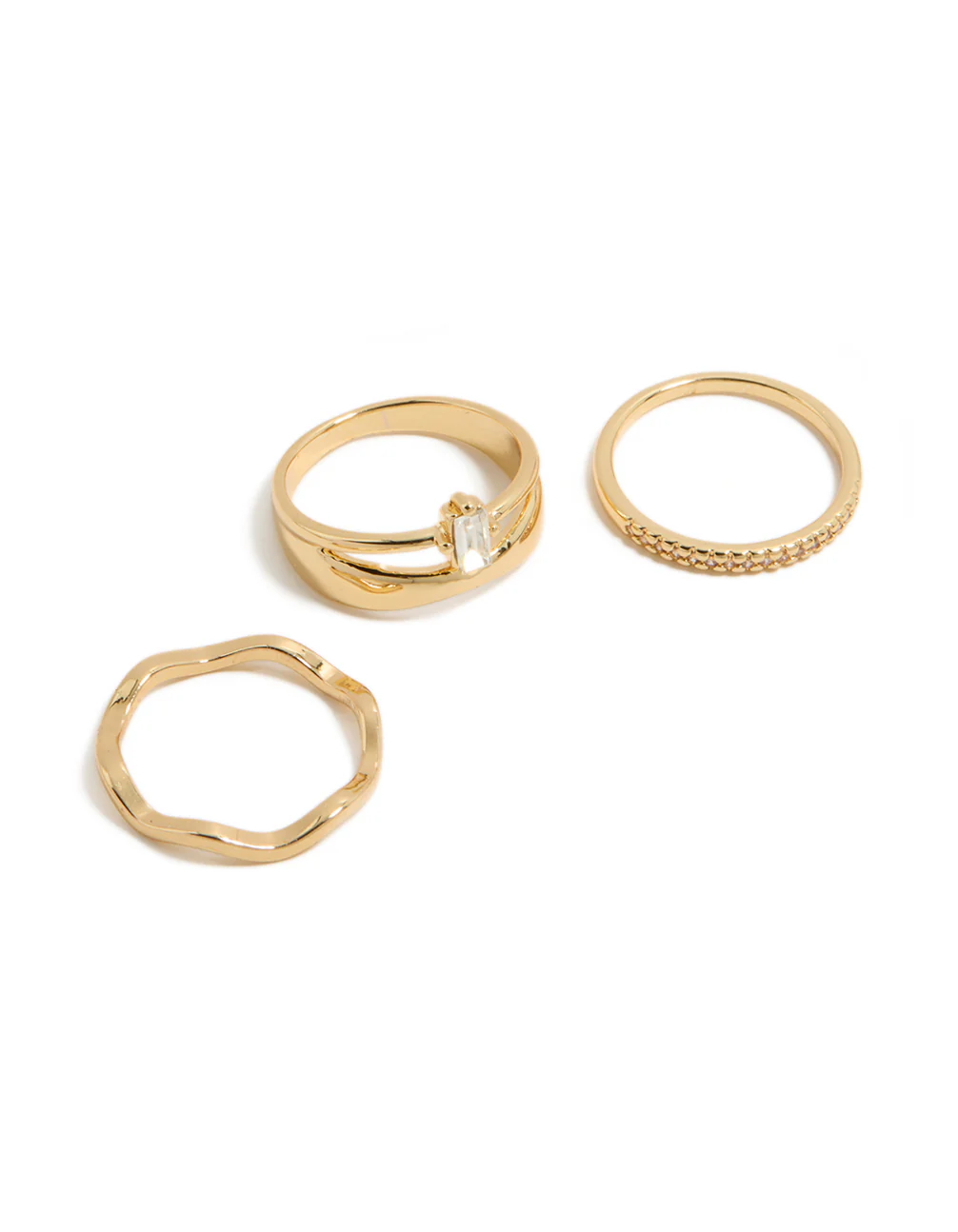 Gold Plated Square & Baguette Cubic Zirconia Wavy Rings 3-Pack