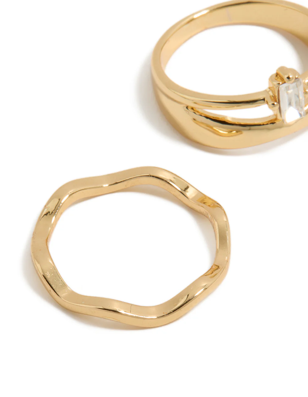 Gold Plated Square & Baguette Cubic Zirconia Wavy Rings 3-Pack - Image 4