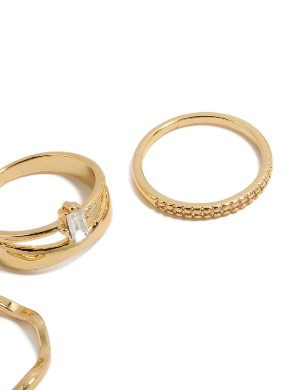 Gold Plated Square & Baguette Cubic Zirconia Wavy Rings 3-Pack - Image 5