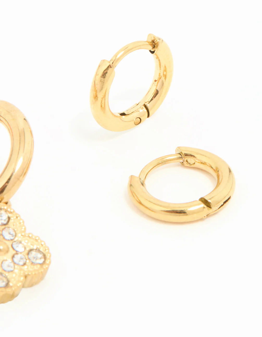 Waterproof Gold Plated Stainless Steel Cubic Zirconia Flower Hoop Earrings 3-Pack - Image 5
