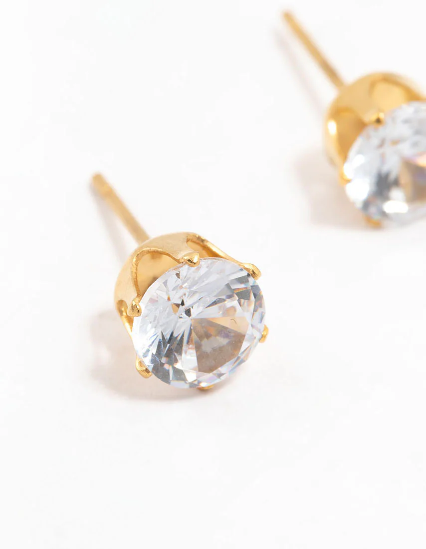Waterproof Gold Plated Stainless Steel Cubic Zirconia Stud Earrings 7 MM - Image 2